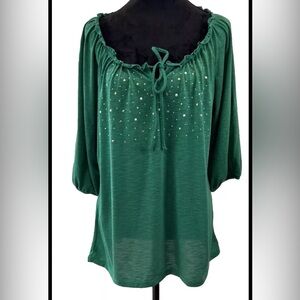 French Laundry green studded ladies pullover tunic top size XL front tie elastic